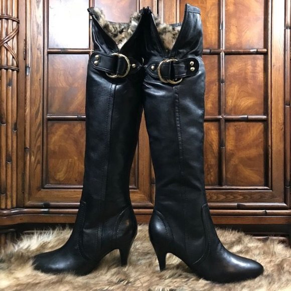 Guess Genuine Leather Leopard Faux Fur Knee High/Over the Knee Logo Ring Boot - Picture 5 of 16